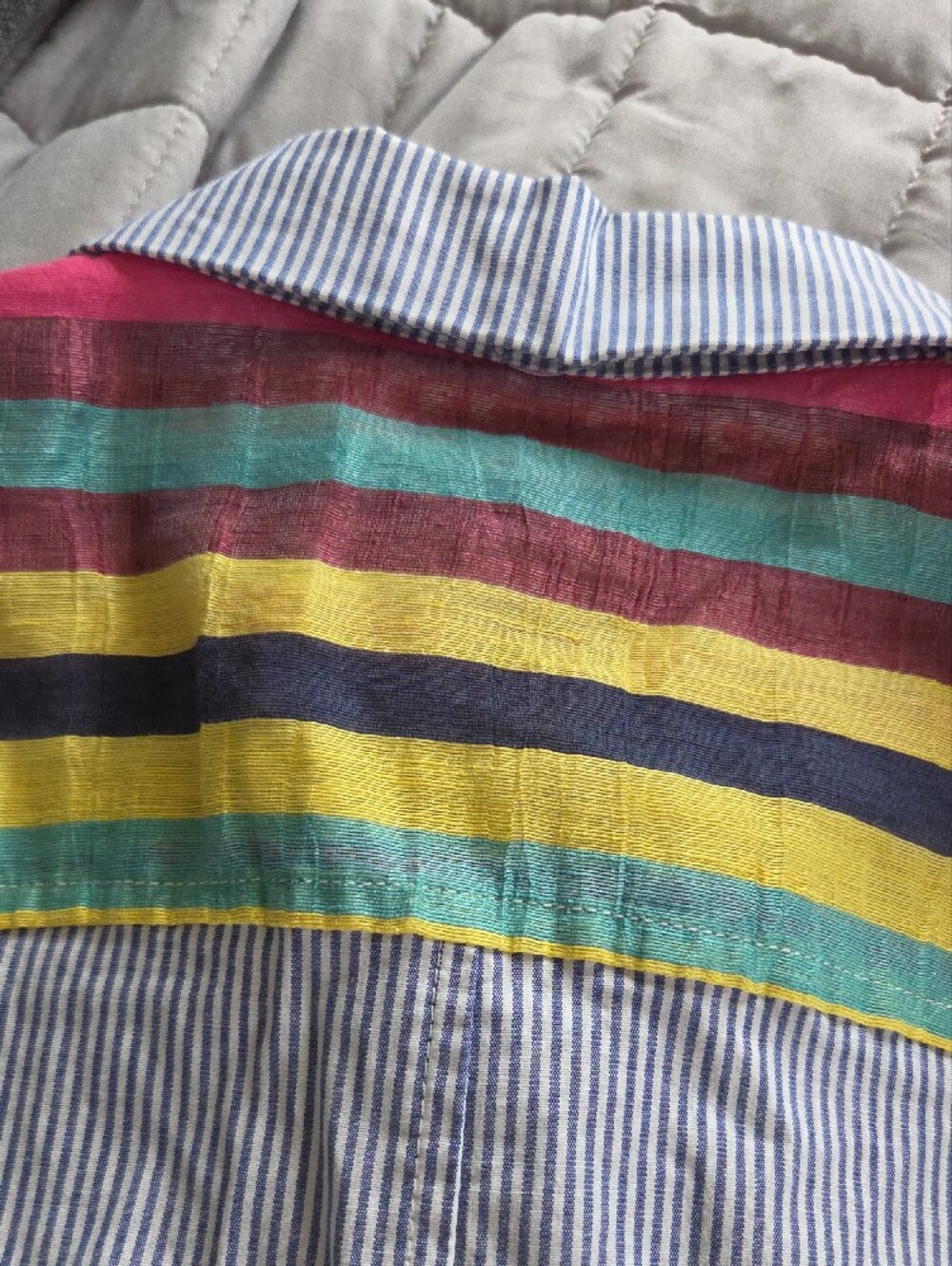 Alembika Classic Women's Blue Stripe Button- With Coloful Neck Line On Back - Picture 4 of 7